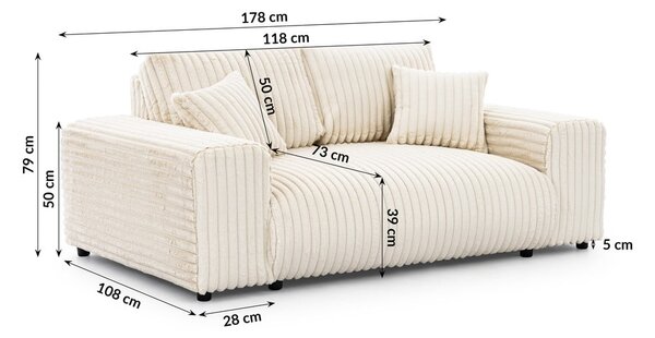 Krémszínű kordbársony kanapé 178 cm Justin – Ropez
