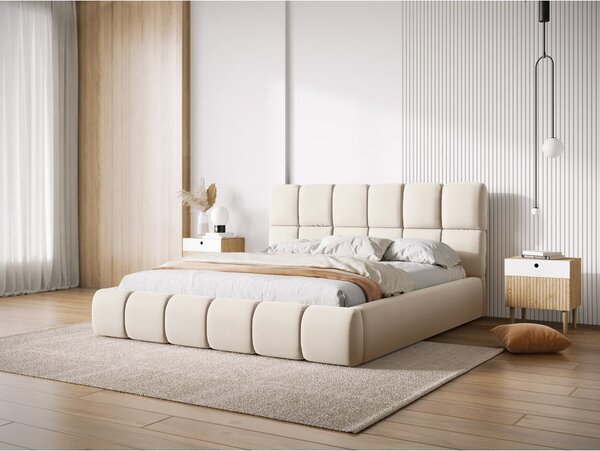 Krémszínű bársony kárpitozott ágyneműtartós franciaágy ágyráccsal 180x200 cm Bellis – Micadoni