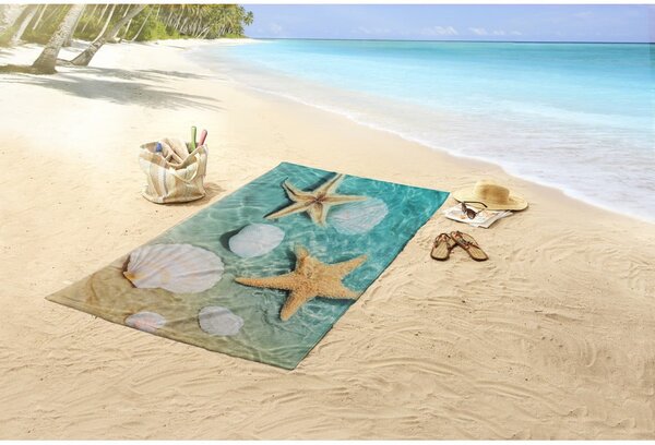 Kék-bézs bársony strandtörölköző 100x180 cm Beachvibe – Good Morning