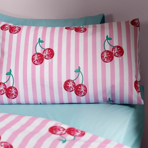 Fehér-rózsaszín egyszemélyes ágyneműhuzat 135x200 cm Disco Cherries Stripes – Catherine Lansfield