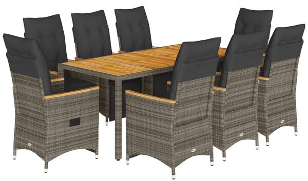 9 részes szürke polyrattan kerti bisztrógarnitúra párnákkal