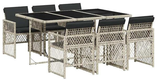 7 részes világosszürke polyrattan kerti étkezőszett párnával