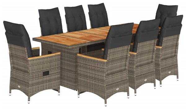 9 részes szürke polyrattan kerti bisztrógarnitúra párnákkal