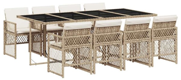 9 részes bézs polyrattan kerti étkezőgarnitúra párnákkal