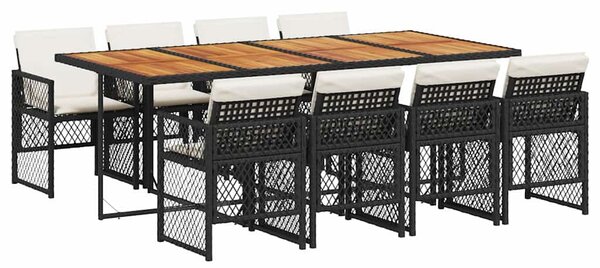 9 részes fekete polyrattan kerti étkezőgarnitúra párnákkal