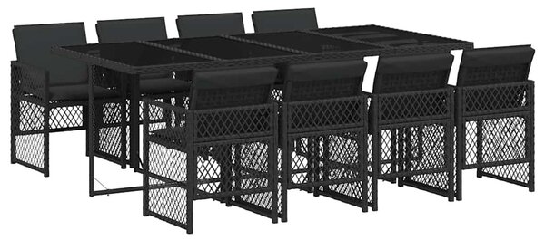 9 részes fekete polyrattan kerti étkezőgarnitúra párnákkal