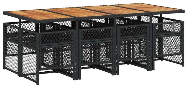 9 részes fekete polyrattan kerti étkezőgarnitúra párnákkal