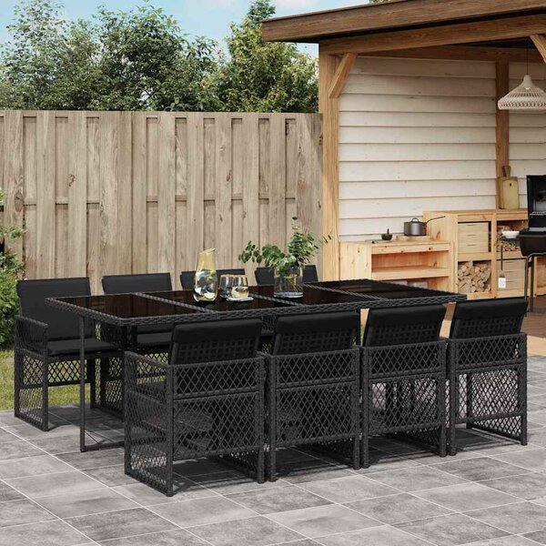 9 részes fekete polyrattan kerti étkezőgarnitúra párnákkal