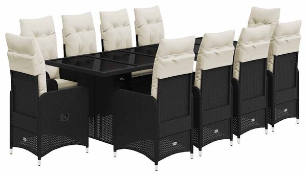 11 részes fekete polyrattan kerti bisztrógarnitúra párnákkal