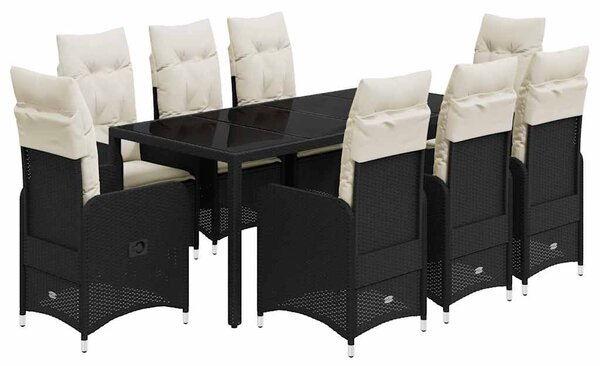 9 részes fekete polyrattan kerti bisztrógarnitúra párnákkal