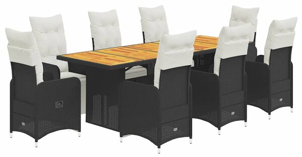 9 részes fekete polyrattan kerti bisztrógarnitúra párnákkal