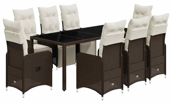 9 részes barna polyrattan kerti bisztrógarnitúra párnákkal
