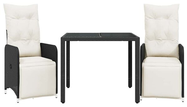 3 részes fekete polyrattan kerti bisztrógarnitúra párnákkal