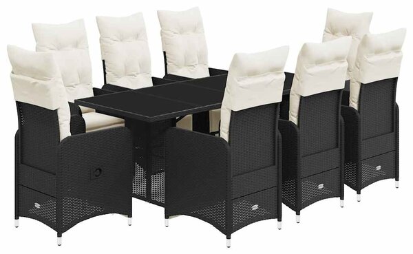 9 részes fekete polyrattan kerti bisztrógarnitúra párnákkal