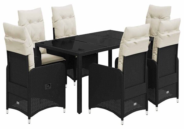 7 részes fekete polyrattan kerti bisztrógarnitúra párnákkal
