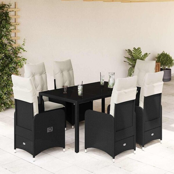 7 részes fekete polyrattan kerti bisztrógarnitúra párnákkal