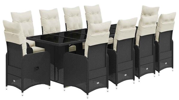 11 részes fekete polyrattan kerti bisztrógarnitúra párnákkal