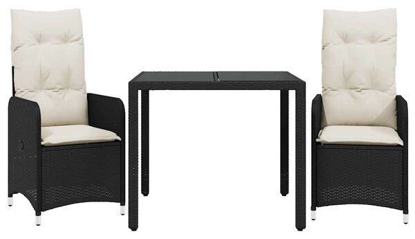 3 részes fekete polyrattan kerti bisztrógarnitúra párnákkal