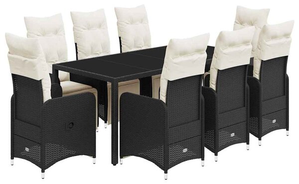 9 részes fekete polyrattan kerti bisztrógarnitúra párnákkal