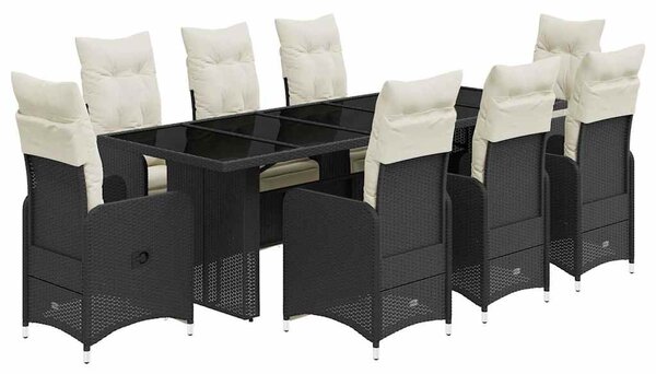 9 részes fekete polyrattan kerti bisztrógarnitúra párnákkal