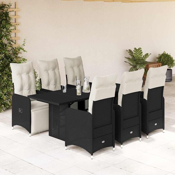 7 részes fekete polyrattan kerti bisztrógarnitúra párnákkal