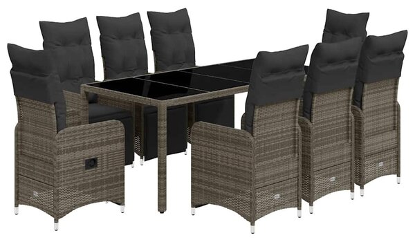9 részes szürke polyrattan kerti bisztrógarnitúra párnákkal