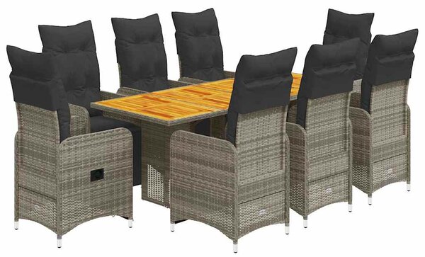 9 részes szürke polyrattan kerti bisztrógarnitúra párnákkal
