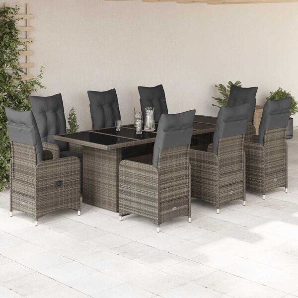 9 részes szürke polyrattan kerti bisztrógarnitúra párnákkal