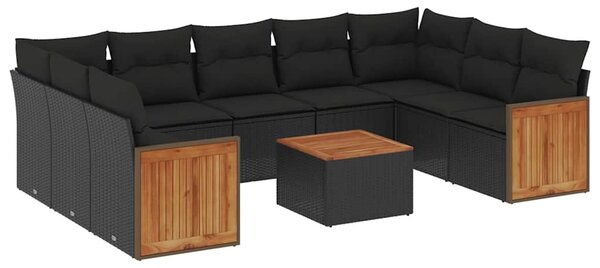 10 részes fekete polyrattan kerti ülőgarnitúra párnákkal