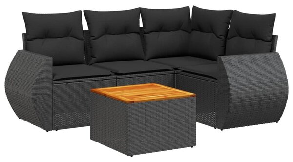 5 részes fekete polyrattan kerti kanapészett párnákkal