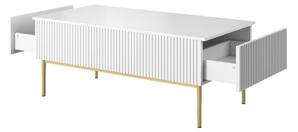 Nicole dohányzóasztal 120 cm fiókokkal és fém lábakkal - matt fehér / arany lábakkal