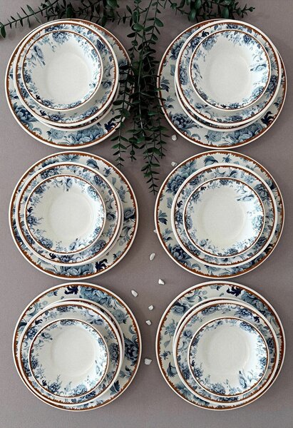 Hermia étkészlet (24 darabos), fehér, kék, narancssárga, 'Kitchen Bird' designnal