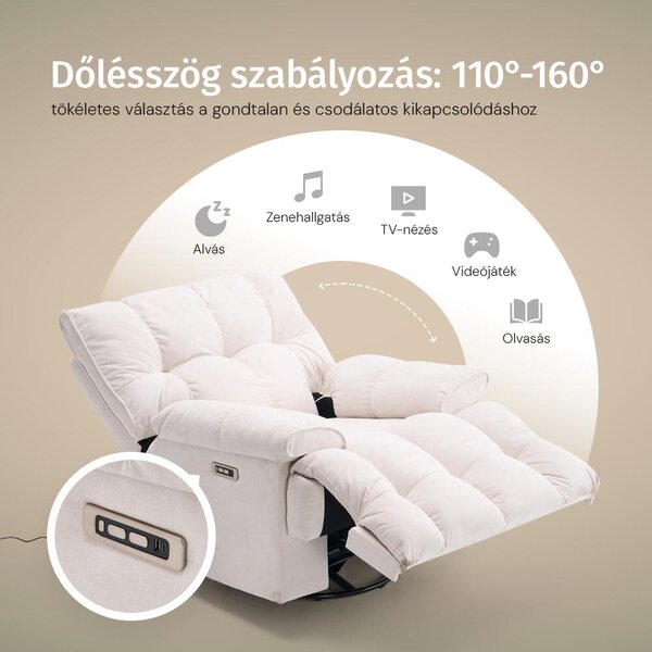 Elektromos relax fotelágy ringató, forgatható bézs bársony szövet (JN-D8108A30)