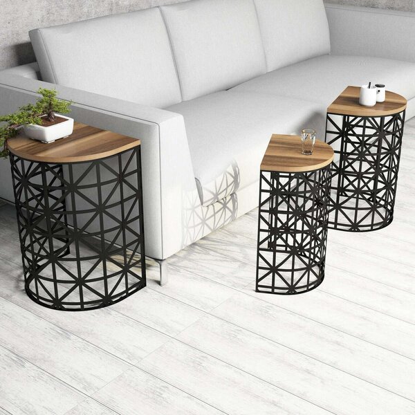 Hanah Home Nesting Table (3 darab) dió színű, fekete Stil Metal Ferforje - dió