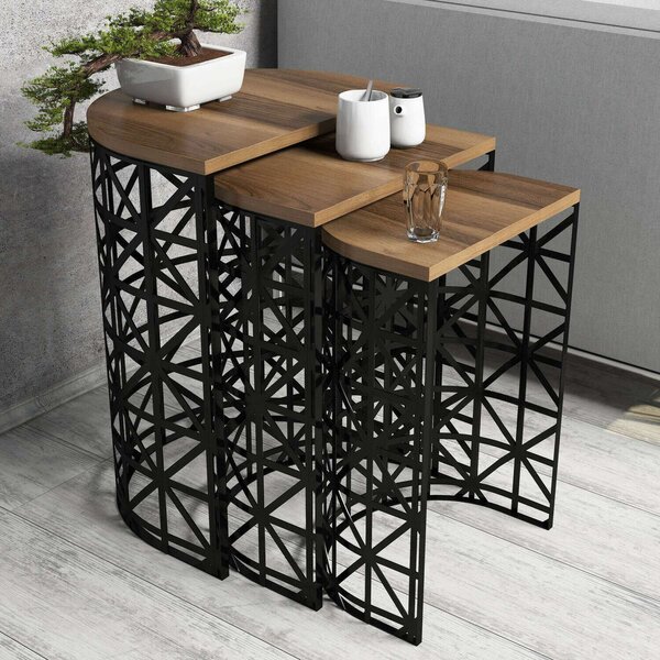 Hanah Home Nesting Table (3 darab) dió színű, fekete Stil Metal Ferforje - dió
