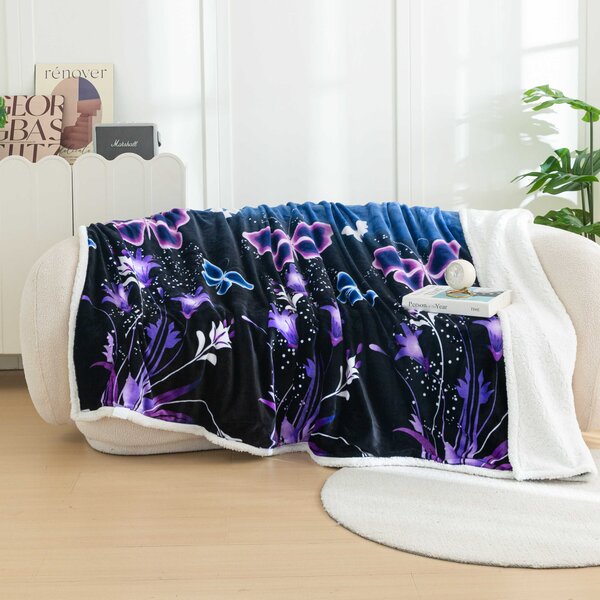 VIOLET BUTTERFLY sötétkék mikroplüss báránybőr pléd Méret: 160 x 200 cm