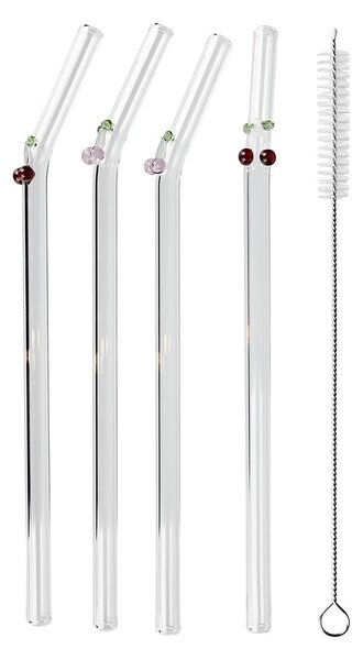 LONG DRINK üveg szívószál tisztító kefével 5 db-os készlet, cseresznye