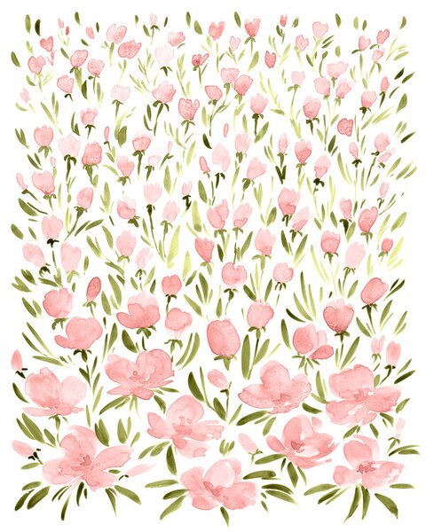 Illusztráció Field of pink watercolor flowers, Blursbyai, (30 x 40 cm)