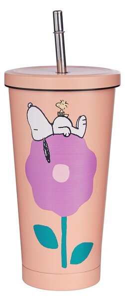 PEANUTS fém pohár tetővel és szívószállal 500ml, barackszín