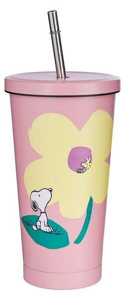 PEANUTS fém pohár tetővel és szívószállal 500ml, rózsaszín