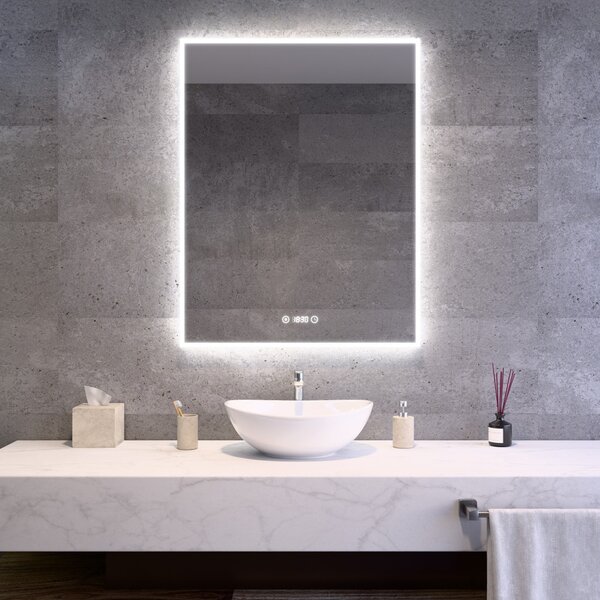 Álló fürdőszobai LED tükör 70x90cm | Páramentesítő funkció - Óra - Fényerő és színhőmérséklet szabályozás | Welland Luxury-Line G773
