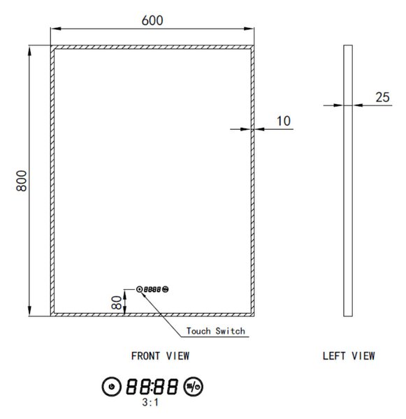 Álló fürdőszobai LED tükör 60x80cm | Páramentesítő funkció - Óra - Fényerő és színhőmérséklet szabályozás | Welland Luxury-Line G771