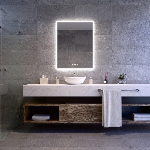Álló fürdőszobai LED tükör 70x90cm | Páramentesítő funkció - Óra - Fényerő és színhőmérséklet szabályozás | Welland Luxury-Line G773