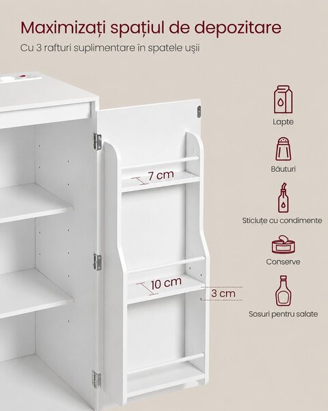 VASAGLE Konyhaszekrény mikrohullámú sütőre, 3 ajtóval és állítható polcokkal, beépített konnektorral, 90x40x90 cm, fehér
