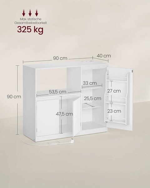 VASAGLE Konyhaszekrény mikrohullámú sütőre, 3 ajtóval és állítható polcokkal, beépített konnektorral, 90x40x90 cm, fehér