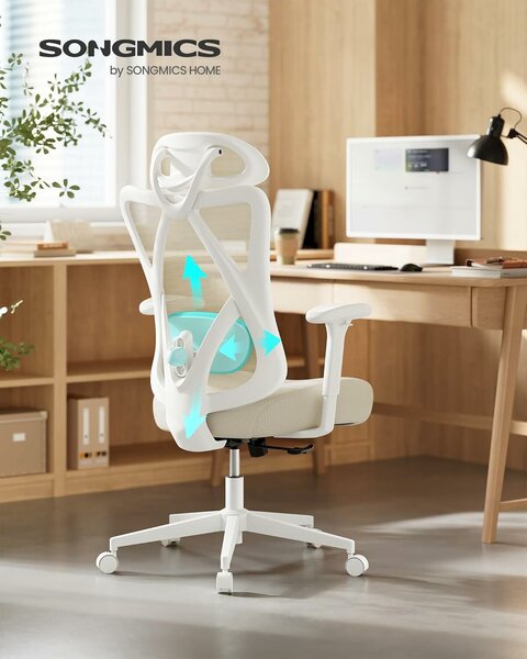 SONGMICS Ergonomikus irodai szék, állítható deréktámasszal és fejtámlával, 70x70x125 cm, cappuccino bézs