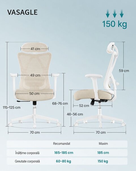 SONGMICS Ergonomikus irodai szék, állítható deréktámasszal és fejtámlával, 70x70x125 cm, cappuccino bézs