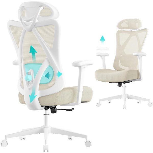 SONGMICS Ergonomikus irodai szék, állítható deréktámasszal és fejtámlával, 70x70x125 cm, cappuccino bézs