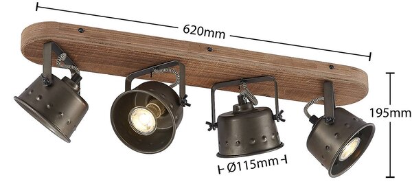 Lindby Rubinjo mennyezeti spotlámpa, 62 cm, 4 lámpás, fa, GU10, dimmelhető, Fekete, Nappali / Étkező, fém, Vintage