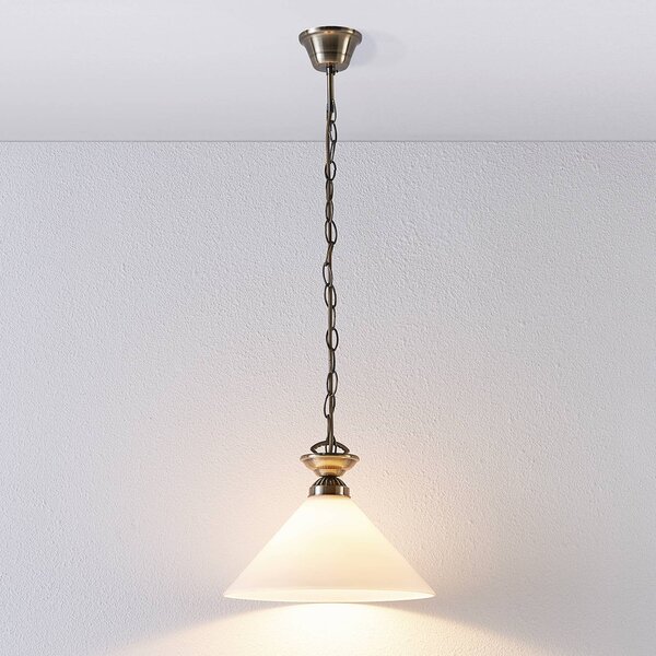 Lindby Otis függőlámpa, Ø 30 cm, fehér, üveg, kúp, E27, dimmelhető, Bronz / antik sárgaréz, Konyha, Üveg, Antik